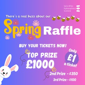 Graphic advertising 'Spring Raffle' in flowery font. Image of bunny peering from side and text 'Top Prize £1,000', 'Tickets available now'