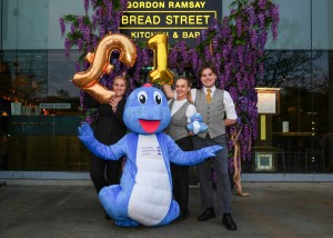 Spiney the Diney poses with Bread Street Kitchen and Bar Staff in edinburgh