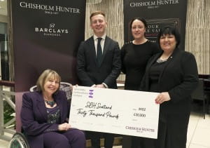 Dr Margo Whiteford of SBh Scotland receives donation from Max Brown, Heather Templeton & Karen McCulloch of Chisholm Hunter