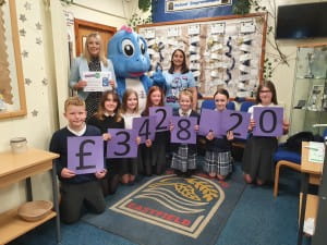 Headteacher Lesley McPhee and P& House captains present Adeeba Ahmad and Spiney the Diney with a donation for SBH Scotland