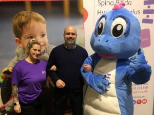 Lynsey Hamilton, Andrew Goldberg and SBH Scotland mascot SPiney the Diney pose for photo together