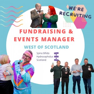 graphic advertising the Fundraising & Events Manager post. Featuring people dancing and celebrating at different events.
