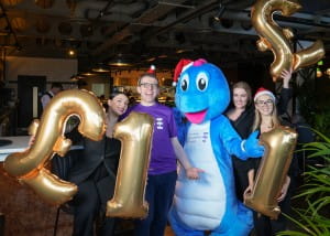 staff at Bread Street Kitchen in Edinburgh pose with SBH Scotland CEO and Spiney the Diney mascot.