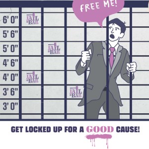 Graphic of man behind bars saying 'free me'. Other wording ' Get locked up for a good cause'