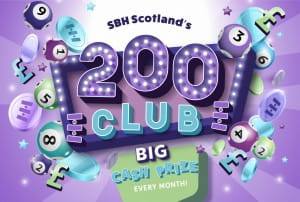 Join the 200 Club. Image with bingo balls.