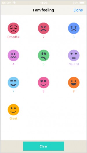 different mood emojis on a screenshot of myCarepod app
