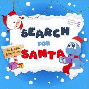Search for Santa Logo with Santa dangling from fairy lights. Spiney the Diney is looking for santa with binoculors